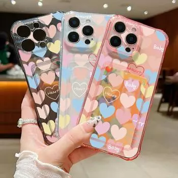 Ударопрочный мягкий силиконовый чехол с цветным рисунком в виде сердечек для iPhone 16 15 Pro 14 13 Pro Max 12 11, прозрачная тонкая крышка для защиты линз iPhone 16 серый