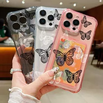 Ударопрочный прозрачный чехол-бабочка с отделением для карт черного и белого цвета для iPhone 16 15 Pro 14 13 Pro Max 12 11, мягкий силиконовый тонкий защитный чехол для объектива от падения iPhone 16 серый