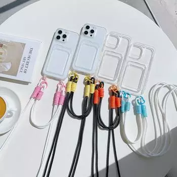 Ударопрочный прозрачный чехол для карт TPU Soft Phone Case для iPhone 16 Pro 15 14 Plus 13 12 Pro Max 11 Защита линзы с ремешок через плечо Тонкий чехол iPhone 16 синий/белый