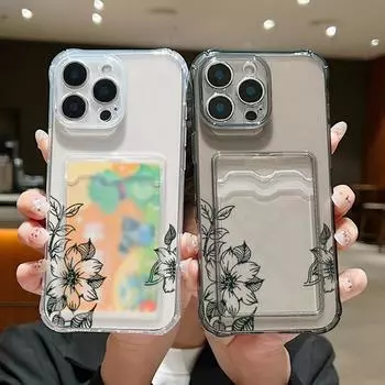 Ударопрочный прозрачный чехол для карточек, мягкий силиконовый чехол для iPhone 16 Pro 15 14 13 Pro Max 12 11 с узором в виде цветка лилии, тонкий защитный чехол для объектива от падения iPhone 16 серый