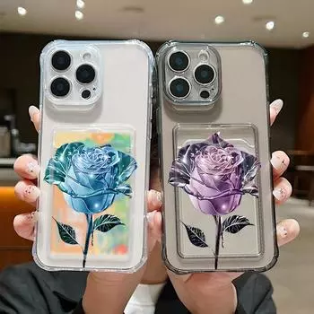 Ударопрочный прозрачный чехол для телефона с отделением для карт и узором «Кристаллическая роза» для iPhone 16, 15, Pro, 14, 13, Pro Max, 12, 11, мягкий силиконовый защитный тонкий чехол для линз iPhone 16 серый