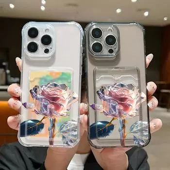 Ударопрочный прозрачный чехол для телефона с отделением для карт, розовый, с узором в виде кристальной розы, для iPhone 16, 15, Pro, 14, 13, Pro Max, 12, 11, мягкий силиконовый тонкий чехол для защиты линз iPhone 16 серый