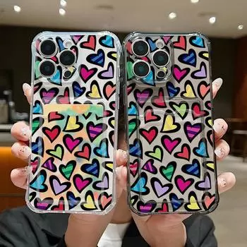 Ударопрочный прозрачный чехол для телефона с отделением для карт и рисунком в виде сердечек для iPhone 16 15 Pro 14 13 Pro Max 12 11, мягкий силиконовый тонкий защитный чехол для объектива от падения iPhone 16 серый