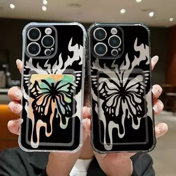 Ударопрочный прозрачный чехол для телефона с отделением для карт и узором «бабочка» для iPhone 16 15 Pro 14 13 Pro Max 12 11, мягкий силиконовый защитный чехол для линз, тонкий, противоударный iPhone 16 серый