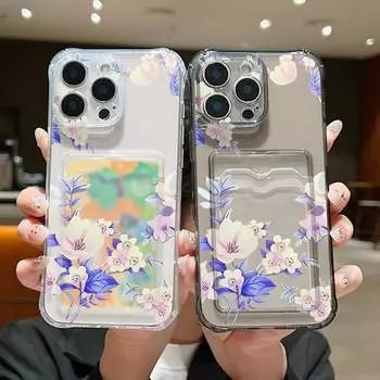Ударопрочный прозрачный чехол с карманом для карт и цветочным узором для iPhone 16 15 Pro 14 13 Pro Max 12 11 Мягкий силиконовый тонкий защитный чехол для объектива от падения iPhone 16 серый