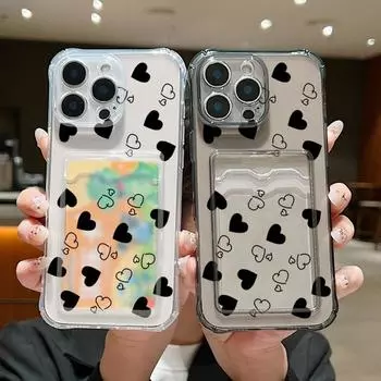 Ударопрочный прозрачный чехол с карманом для карт и рисунком в виде сердечек для iPhone 16 15 Pro 14 13 Pro Max 12 11, мягкий силиконовый тонкий защитный чехол для объектива от падения iPhone 16 серый