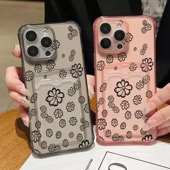 Ударопрочный прозрачный чехол с отделением для карт и узором в виде ромашки для iPhone 16 Pro 15 14 13 Pro Max 12 11 Мягкий силиконовый защитный чехол для линз Anti-Fall Slim Cover iPhone 16 серый