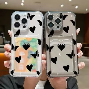 Ударопрочный прозрачный чехол с отделением для карт и рисунком в виде сердечек для iPhone 16 Pro 15 14 13 Pro Max 12 11 Мягкий силиконовый защитный чехол для линз Anti-Fall Slim Cover iPhone 16 серый
