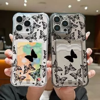 Ударопрочный прозрачный чехол с отделением для карточек, мягкий силиконовый чехол для iPhone 16 Pro 15 14 13 Pro Max 12 11 с рисунком бабочки, тонкий защитный чехол для линз от падения iPhone 16 серый