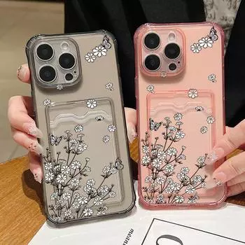 Ударопрочный прозрачный чехол с отделением для карточек и узором «Ромашка» для iPhone 16 Pro 15 14 13 Pro Max 12 11 Мягкий силиконовый защитный чехол для линз Anti-Fall Slim Cover iPhone 16 серый