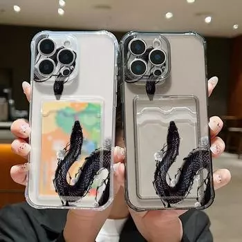 Ударопрочный прозрачный чехол со змеиным узором и слотом для карт для iPhone 16 Pro 15 14 13 Pro Max 12 11 Мягкий силиконовый защитный чехол для линз Anti-Fall Slim Cover iPhone 16 серый