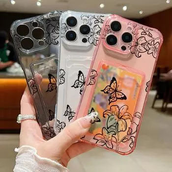 Ударопрочный прозрачный слот для карт Мягкий силиконовый чехол для телефона iPhone 16 Pro 15 14 13 Pro Max 12 11 с рисунком бабочки Тонкий защитный чехол для объектива от падения iPhone 16 серый