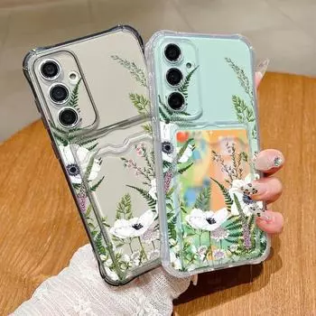 Ударопрочный силиконовый мягкий чехол для мобильного телефона с отделением для карт памяти для Samsung S24 FE S23 S22 Ultra A16 A15 A55 A54 A35 простой цветочный тонкий прозрачный защитный чехол для телефона Samsung S24 FE чёрный