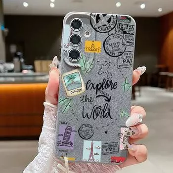 Ударопрочный тонкий чехол с принтом вывески и штампа для Samsung S25 Ultra S24 FE S23 S22 A56 A36 A16 A55 с защитой от падений, мягкий матовый чехол для телефона из ТПУ с текстурой кожи Samsung S25 серый