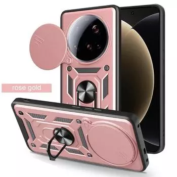 Ударопрочный защитный чехол для Xiaomi 15 Ultra, защитный чехол для объектива, магнитное кольцо, подставка, держатель, чехол для телефона Xiaomi 14 Ultra for xiaomi 15 ultra розового золота