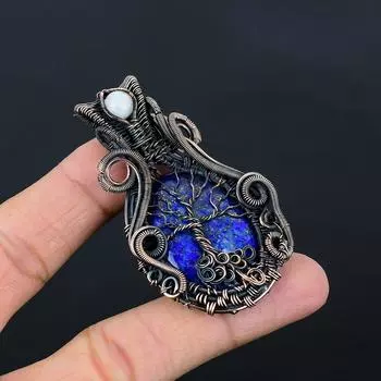 Удивительная подвеска из лазурита и лунного камня из чистой медной проволоки, ювелирное изделие ручной работы 2.68 inches синий