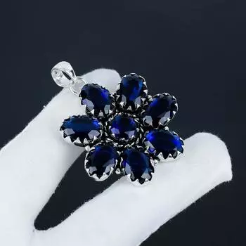 Удивительная подвеска в виде цветка из серебра 925 пробы с синим сапфиром — грушевидный дизайн ручной работы, повседневная бижутерия, подарок на День матери 2.36 синий