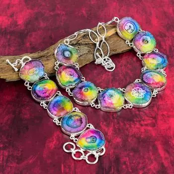 Удивительная Радуга Солнечная Друзи Ювелирное Ожерелье и Браслет Комплект Ювелирных Изделий, Ювелирные Изделия Ручной Работы Из Стерлингового Серебра 925, Комплект Ювелирных Изделий Из Драгоценных Камней Для Нее Adjustable With 8 -18 розовый