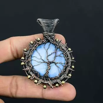 Удивительное Древо Жизни Овайхи Опал Драгоценный Камень Ручной Работы Подвеска Из Чистой Медной Проволоки, Обернутая Ювелирные Изделия 2.56 Inches синий