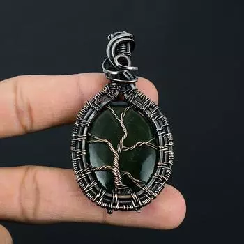 Удивительное Древо Жизни Зеленый Нефрит Драгоценный Камень Ручной Работы Из Чистой Медной Проволоки Ювелирный Подвеска 2.56 Inches зелёный