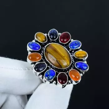 Удивительное кольцо-цветок с 7 камнями чакр, кольцо из серебра 925 пробы, подарок для нее, овальный камень, элегантное кольцо ручной работы, серебряное кольцо-цветок 7 чакр в подарок US 4 коричневый