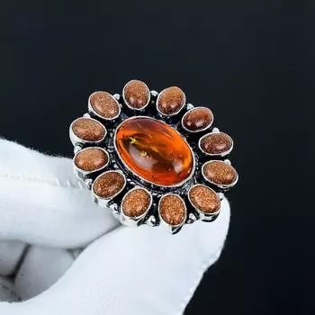 Удивительное кольцо с амбаром, кольцо с драгоценным камнем солнечный камень, кольцо из стерлингового серебра 925 пробы, подарок для нее, овальный камень, элегантное кольцо ручной работы, серебряное кольцо с цветком амбара в подарок US 4 красный
