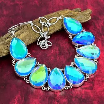 Удивительное ожерелье с граненым мистическим топазом, ожерелье ручной работы из драгоценного камня, ожерелье из стерлингового серебра 925 пробы, регулируемое ожерелье-цепочка Adjustable with 18 inches синий