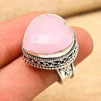 Удивительное розовое халцедоновое ювелирное кольцо ручной работы из стерлингового серебра 925 пробы в форме сердца 4 розовый