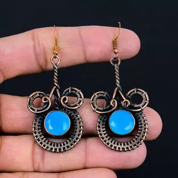 Удивительные серьги ручной работы из чистой медной проволоки с синим халцедоном, ювелирные изделия 2.56 Inches синий