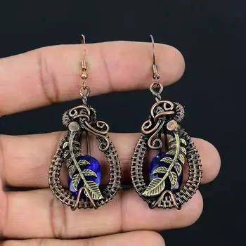 Удивительные серьги ручной работы из чистой медной проволоки с драгоценным камнем синего сапфира 2.56 Inches синий