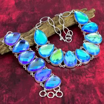 Удивительные украшения ручной работы с мистическим топазом, комплект ювелирных изделий из браслета и ожерелья из стерлингового серебра 925 пробы, регулируемая цепочка из драгоценных камней для нее Adjustable With 8 -18 белый