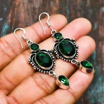 Удивительные ювелирные серьги ручной работы из хромдиопсида, драгоценного камня 925 пробы из стерлингового серебра 2.27 Inches зелёный
