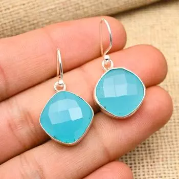 Удивительные ювелирные серьги ручной работы из стерлингового серебра 925 пробы с синим халцедоном для нее 1.5 Inches синий