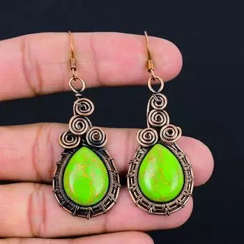 Удивительные зеленые медные бирюзовые драгоценные камни ручной работы из чистой медной проволоки, обернутые серьги, ювелирные изделия 2.56 Inches зелёный