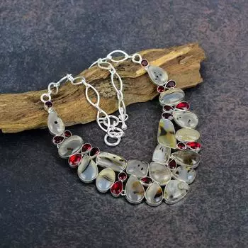 Удивительный агата Монтана, ожерелье из красного граната, красивые украшения ручной работы, чистое серебро 925 пробы, регулируемое ожерелье из граната для женщин 18 Inches With Adjustable зелёный