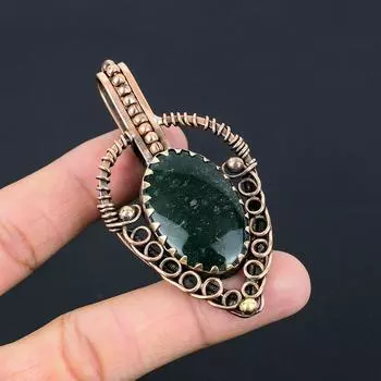 Удивительный авантюрин, драгоценный камень, подвеска ручной работы из чистой медной проволоки, обернутая ювелирными изделиями 3.07 Inches зелёный