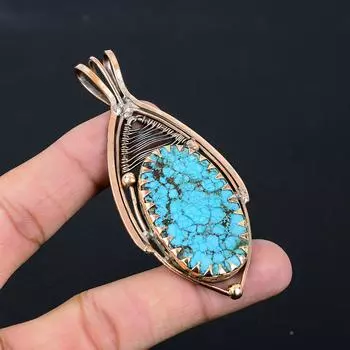 Удивительный бирюзовый драгоценный камень из чистой медной проволоки, завернутый в подвеску ручной работы, ювелирные изделия 3.35 Inches синий