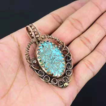 Удивительный бирюзовый драгоценный камень ручной работы из чистой медной проволоки, обернутый кулоном, ювелирные изделия 2.68 Inches синий