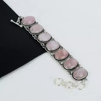 Удивительный браслет из розового кварца ручной работы из стерлингового серебра 925 пробы, браслет из розового кварца для жены, браслет унисекс, подарок на день рождения 8 розовый