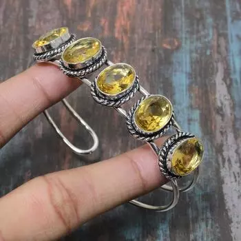 Удивительный цитриновый драгоценный камень ручной работы Твердый браслет из стерлингового серебра 925 пробы Регулируемый Adjustable жёлтый