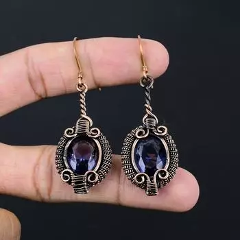 Удивительный драгоценный камень иолит ручной работы из чистой медной проволоки, обернутые серьги, ювелирные изделия 2.56 Inches синий