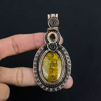 Удивительный драгоценный камень нееллит, подвеска ручной работы из чистой медной проволоки, обернутая ювелирными изделиями 3.35 Inches жёлтый