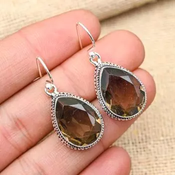 Удивительный дымчатый топаз, драгоценный камень, ювелирные серьги ручной работы из стерлингового серебра 925 пробы для свадебного подарка 1.60 Inches коричневый