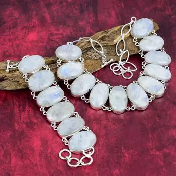 Удивительный комплект ювелирных изделий из браслета и ожерелья из стерлингового серебра 925 пробы с радужным лунным камнем, красивые ювелирные изделия из драгоценных камней, комплект ювелирных украшений ручной работы для любви Adjustable With 8 -18 белый