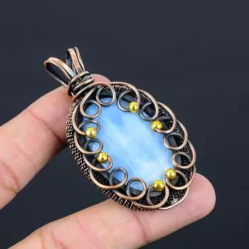 Удивительный опаловый драгоценный камень Owyhee из чистой медной проволоки, обернутый ювелирной подвеской ручной работы 2.64 Inches синий
