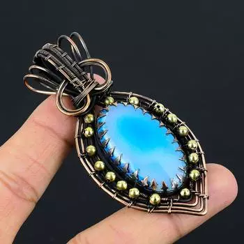 Удивительный Owyhee Opal Gemstone Pure Copper Wire Wrapped Handmade Pendant Jewelry 3.15 Inches синий