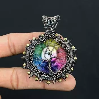 Удивительный Радужный солнечный драгоценный камень Друзы ручной работы из чистой медной проволоки, ювелирный кулон 2.56 Inches розовый