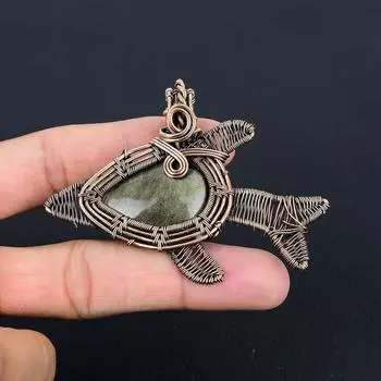 Удивительный серебряный блеск обсидиана, драгоценный камень, ювелирные изделия ручной работы, подвеска в виде рыбы из чистой медной проволоки 2.44 Inches зелёный