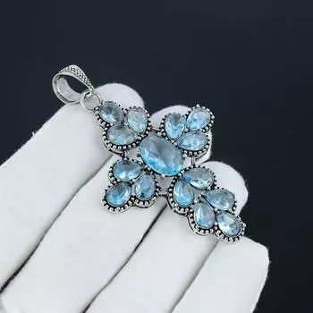 Удивительный серебряный крест с драгоценным камнем из голубого топаза из стерлингового серебра 925 пробы - дизайн груши ручной работы, повседневная одежда, праздничный наряд, подарок 2.95 синий