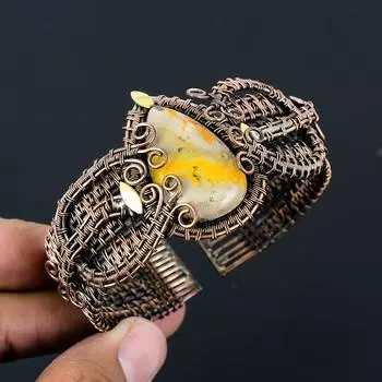 Удивительный шмель, яшма, драгоценный камень, медная проволока ручной работы, ювелирные изделия, регулируемые манжеты для любви Adjustable жёлтый